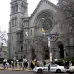 cathedral and protesters wide angle